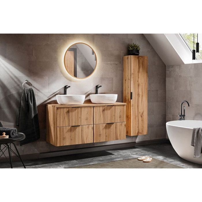 Conjunto completo de baño con lavabo doble de 120 cm + 2 armarios - Roble Georgia