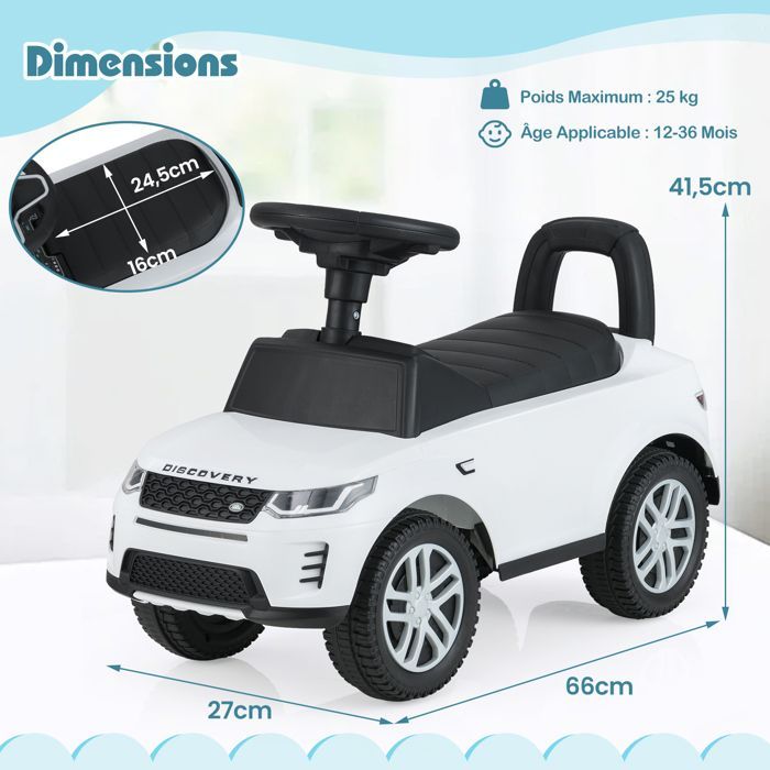 Cochecito infantil COSTWAY Land Rover con volante, claxon, sonido de motor y compartimento de almacenamiento bajo el asiento, para niños de 12 a 36 meses, hasta 25 kg, color blanco.