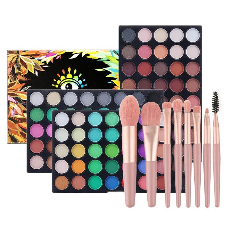 Palette de 120 fards à paupières aux teintes naturelles, nude et néon + coffret de maquillage 8 pinceaux