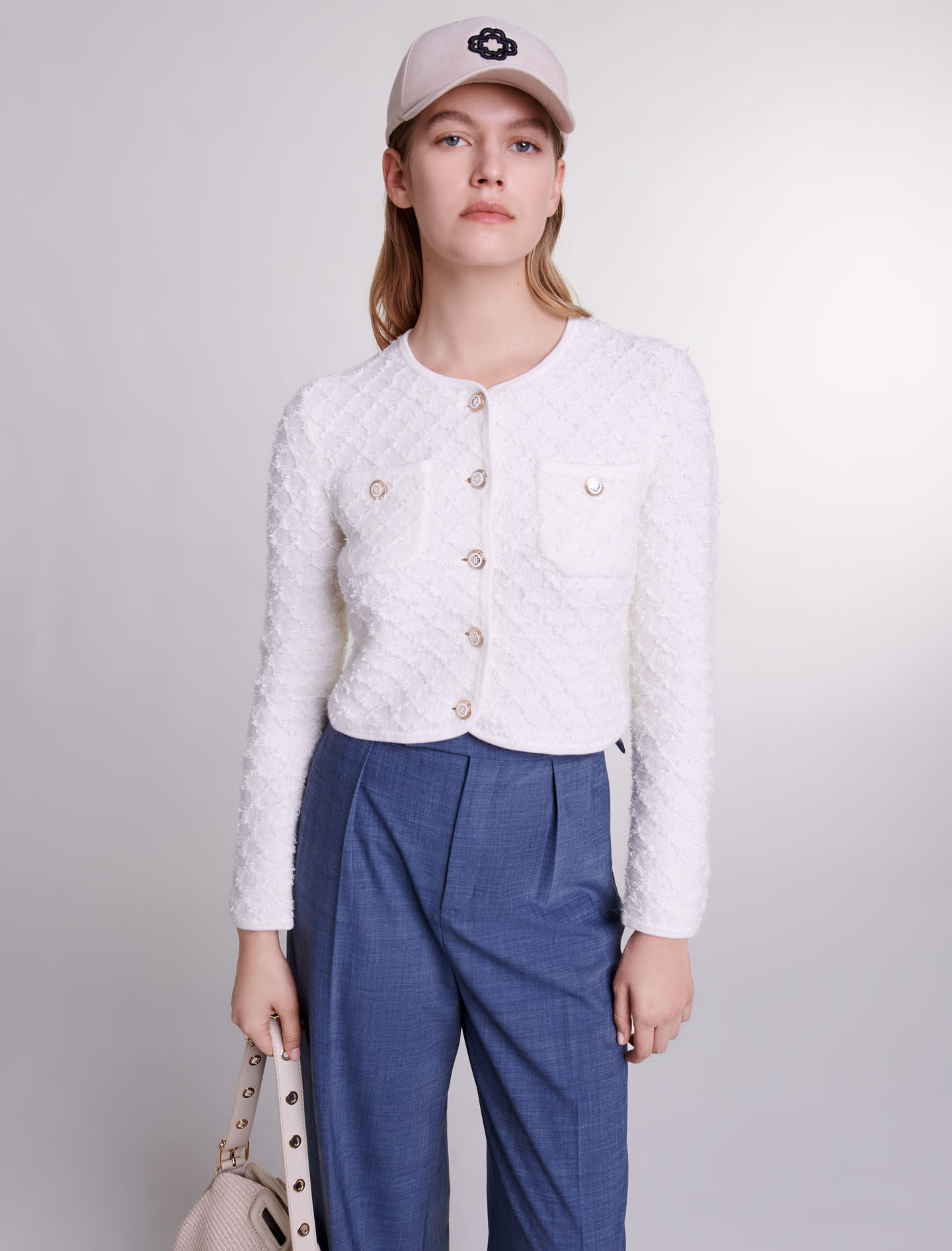 Cardigan tricotat alb-gălbui