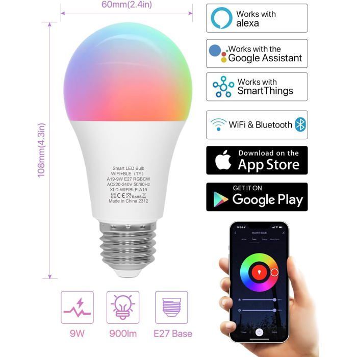 Lâmpada Inteligente YSFMODE, Soquete E27, LED Multicolorida, 2700K-6500K, RGB, Regulável, Compatível com Alexa e Google Assistente.