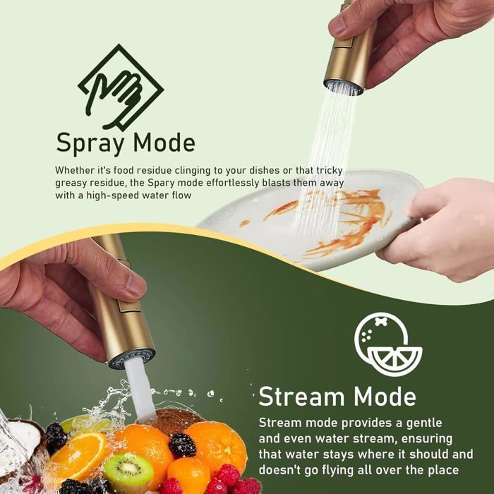 Robinet Cuisine avec Douchette - Extensible doré Brushed Mitigeur Évier Rotatif à 360° -2 Modes de Pulvérisation Mitigeur Cuisine
