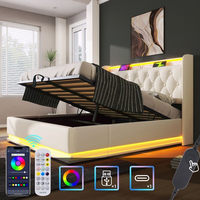 Cama LINKHOO, función LED envolvente de 360°, 160 x 200 cm, con función de carga USB tipo C (colchón no incluido).