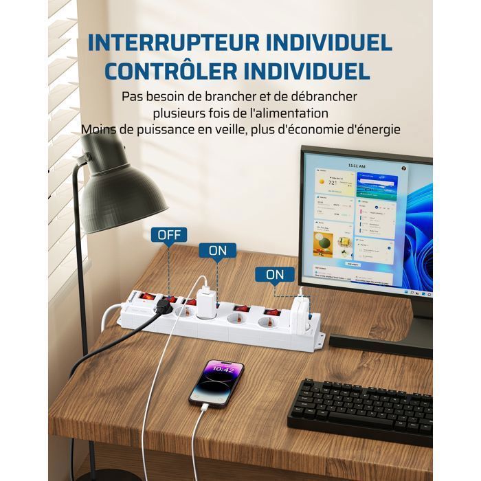 Régua de energia com proteção contra surtos DEWENWILS 16A - 6 tomadas com 7 interruptores - Cabo de 2M - Branca - 3680W máx.