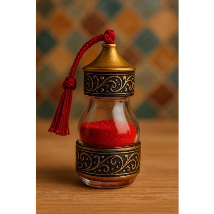 Aker Fassi Powder from Morocco, 100% Natural – Glass Bottle Decorated with Traditional Brass – Face & Lip Beauty – 50g