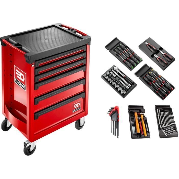 Servante d'atelier outillée ROLL FACOM - ROLL.CONTACTPF - 6 tiroirs - 69 outils - Rouge
