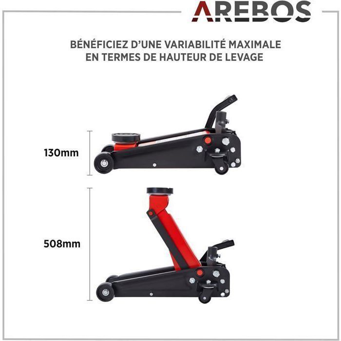 Gato hidráulico AREBOS 3T | Altura de empotramiento 130-508 mm | 2 soportes de goma | Gato giratorio 360° con ruedas