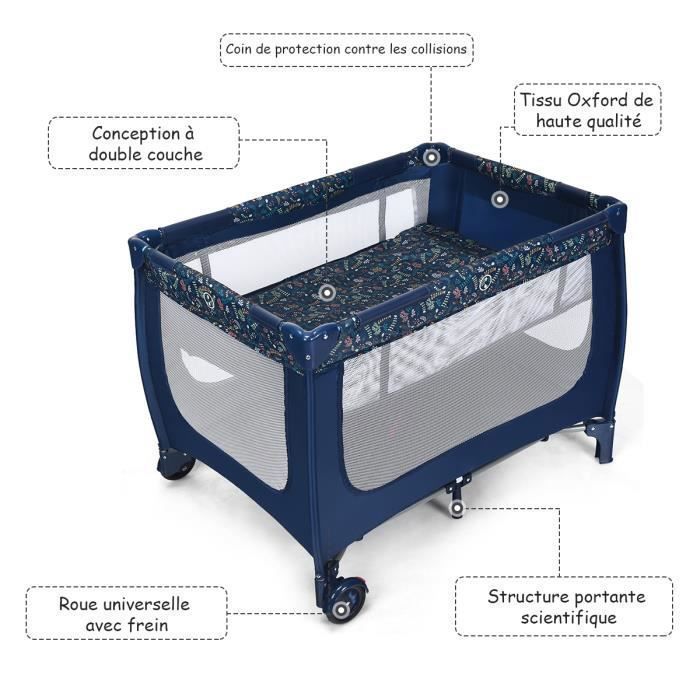 Cuna de bebé 3 en 1 COSTWAY, apta desde el nacimiento hasta los 3 años, con colchón y bolsa de transporte - Fácil plegado - 2 ruedas - 15 kg - 125 x 65 x 76 cm - Azul