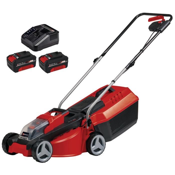 Kit rasaerba a batteria Einhell GE-CM 18/30 Li PXC (18V, 150 m²) fornito con 2 batterie da 3,0 Ah e caricabatterie.