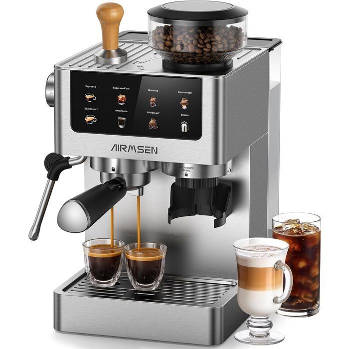 AIRMSEN Kaffemaskine med Kværn – Espressomaskine med Mælkeskummer, 20 Bar Rustfrit Stål, Cappuccino, Latte, Iskaffe