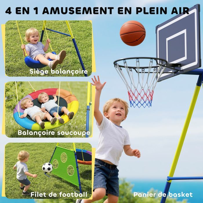 Columpio infantil AIYAPLAY 4 en 1: columpio nido, portería de fútbol, estructura de acero, para niños de 3 a 8 años, multicolor.