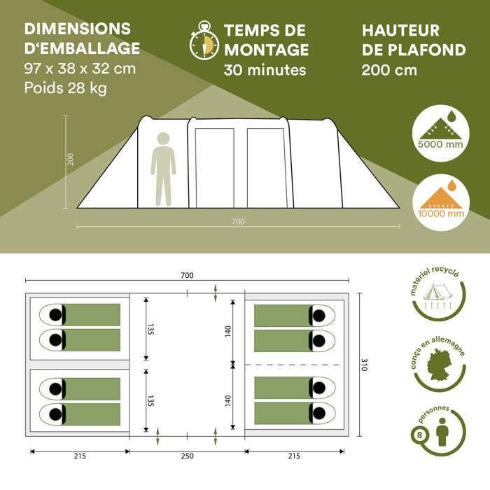 8-Person Tunnel Family Camping Tent - Skandika Montana 8 - 3 Cabins, 5000 mm, 4 Entrances, Awning - Blue