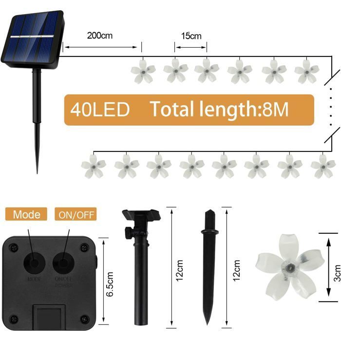 Cordão de luzes solares para exterior, luzes LED à prova d'água em formato de flor, 40 LEDs, à prova d'água, 8 modos (branco quente)