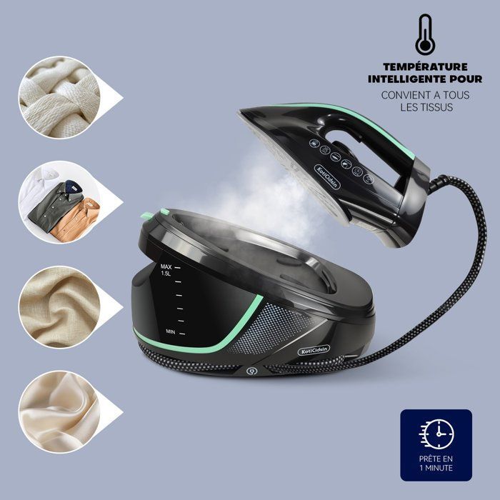 Steam Generator Iron - KOTICIDSIN - Black Model - 1.5L Tank - 3100W Power - 120g/min Steam Output
