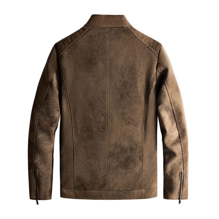 Chaqueta de moto para hombre de piel sintética con forro polar doble cálido para otoño e invierno - Marrón