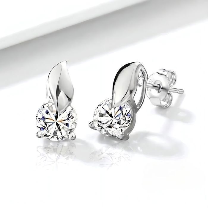 Boucles d'Oreilles - Femme - Puces - Vague - Zircon - Blanc - Argent 925/1000 - 15 x 7 mm
