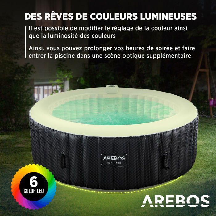 Spa hinchable AREBOS | Hinchable automático | 208 cm | 6 personas | 130 chorros de masaje | 1000 litros | Spa y bienestar