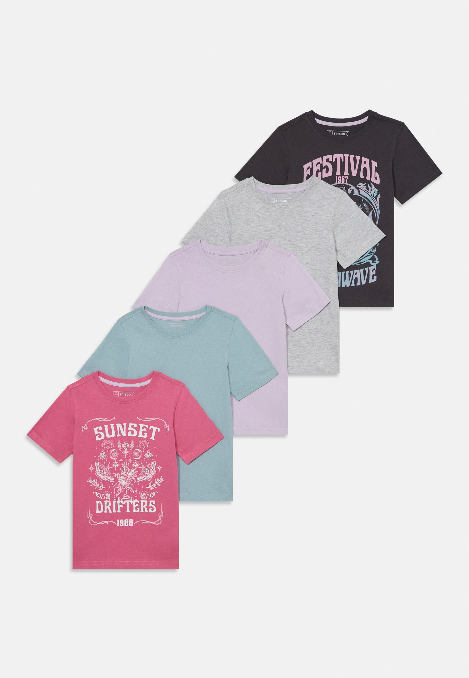 Friboo 5-pack - T-shirt met print - donkergrijs/wit/roze