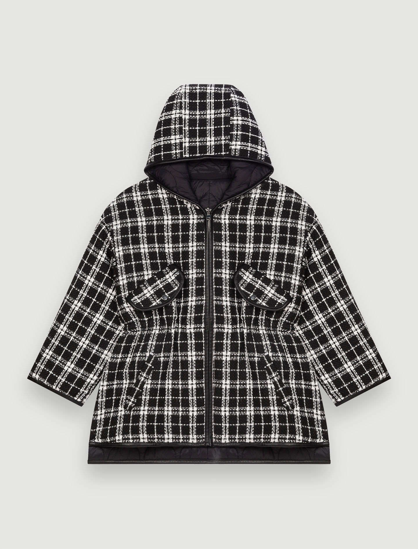 Jachetă reversibilă din puf de tweed cu glugă - Negru