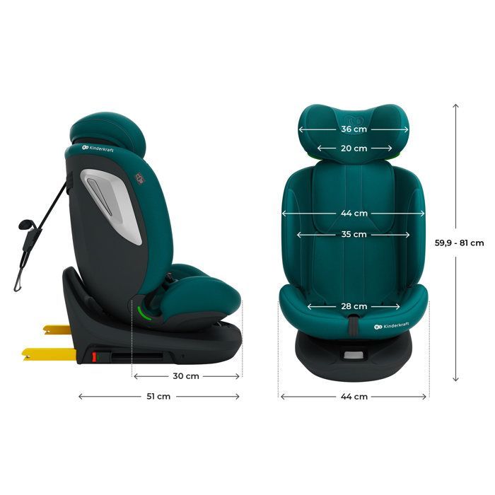Silla de coche Kinderkraft I-GROW 2 PLUS 4 en 1, 40-150 cm, i-Size, RWF, FWF, SPS+, AIR FLOW, respaldo reclinable, arnés ajustable, color verde.