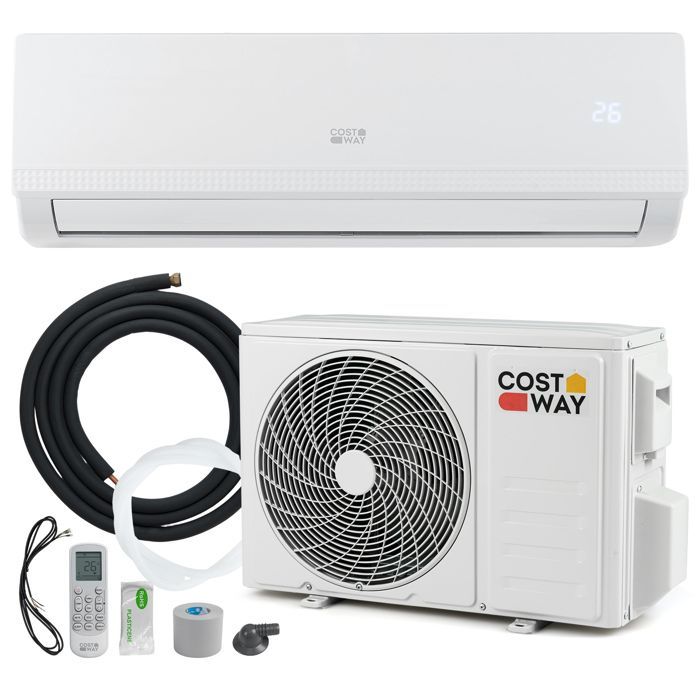 Aire acondicionado fijo mono-split Costway de 9000 BTU y 2,6 kW con refrigerante R32 - Calefacción de 16 a 31 °C - Bomba de calor - Kit de conexión completo de 4 m - Temporizador de 24 horas - A++