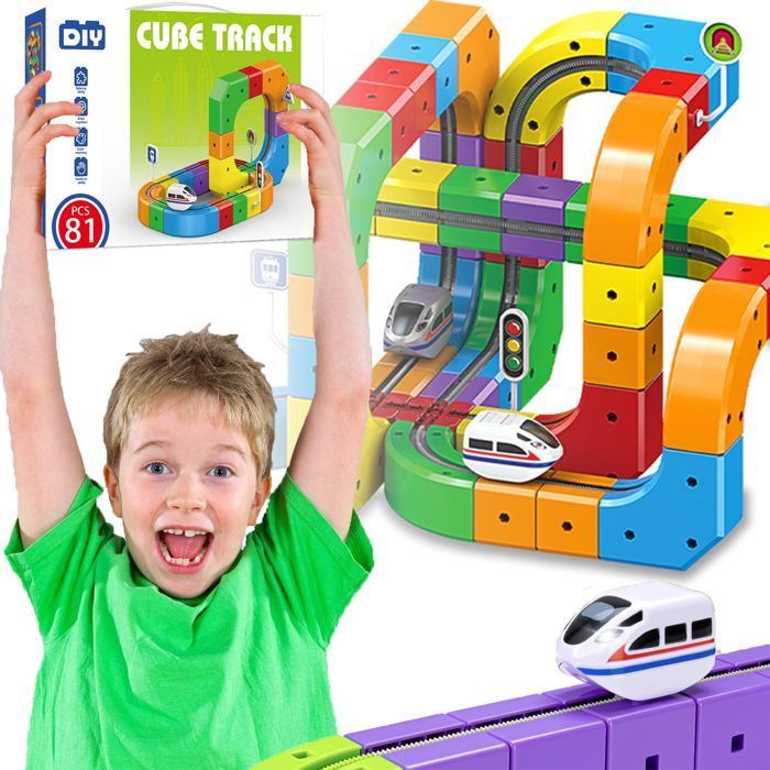 Tren de juguete de 81 piezas: vías eléctricas antigravedad 3D con tren motorizado y señales de tráfico.