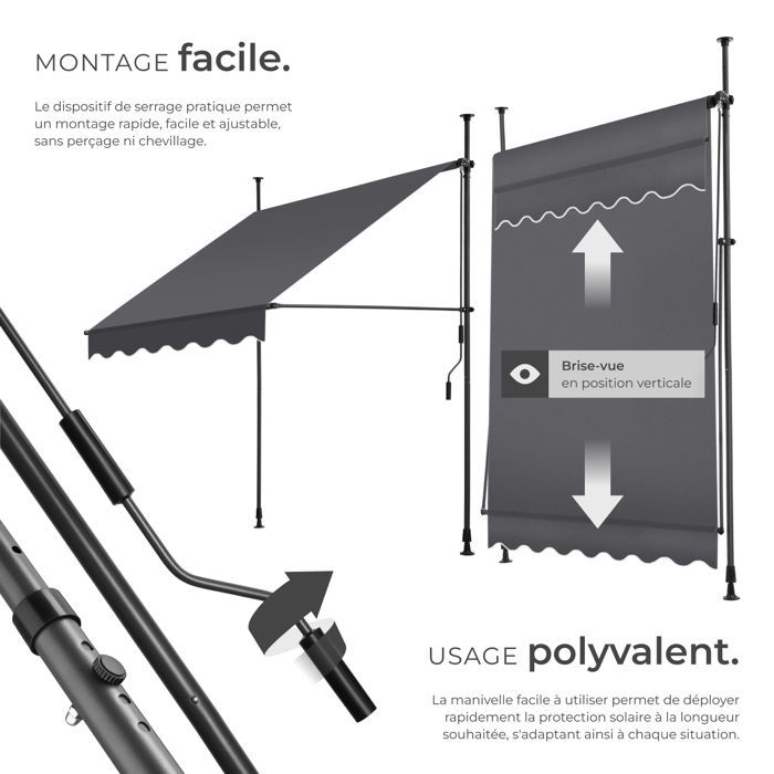 Toldo de jardim - TECTAKE - Toldo de encaixe sem furos, com manivela ajustável em altura - Preto/Cinza - 150 x 180 cm