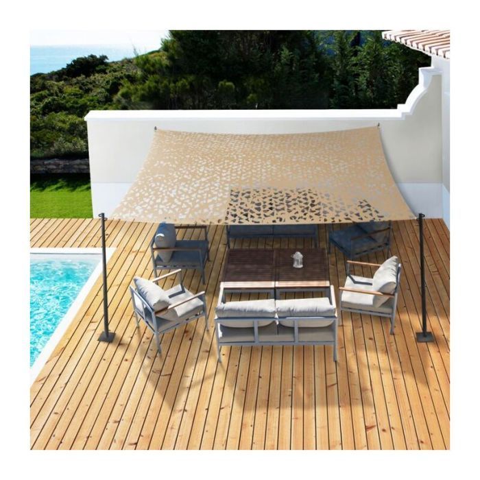 Toldo rectangular de 5x4 m – Camuflaje arena – Poliéster calado con malla reforzada – Protección UV para uso exterior