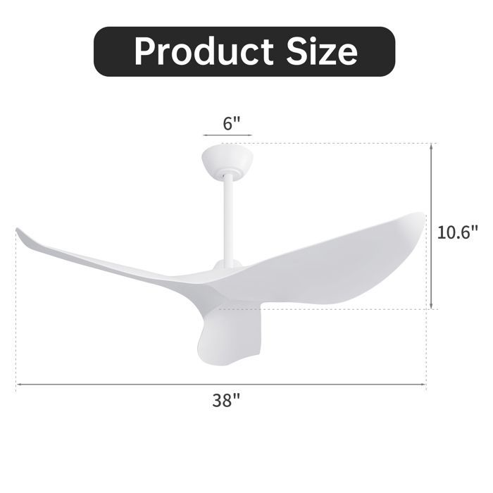Ventilador de teto reversível de 96,5 cm (38 polegadas), 3 pás, 6 velocidades, controle remoto e timer, motor DC, branco