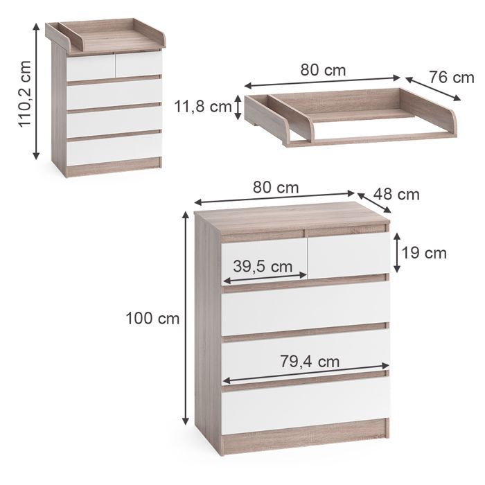 Emma changing table 80x110.2cm with 5 drawers Sonoma/white Vicco 51736
