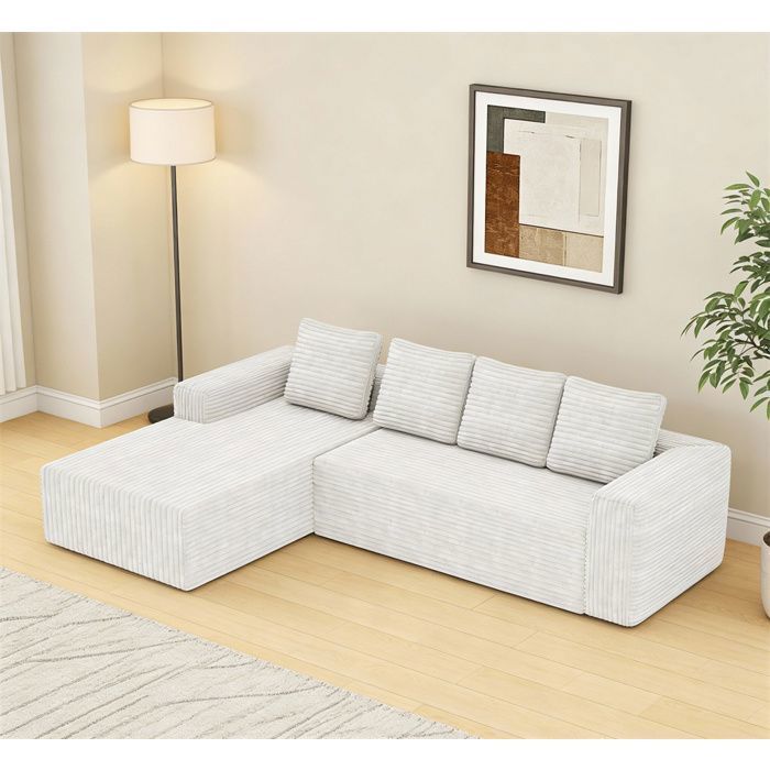 Sofá modular DRIPEX Cloud com chaise em L, sofá em veludo cotelê macio com 4 almofadas, branco, 261×168×58cm