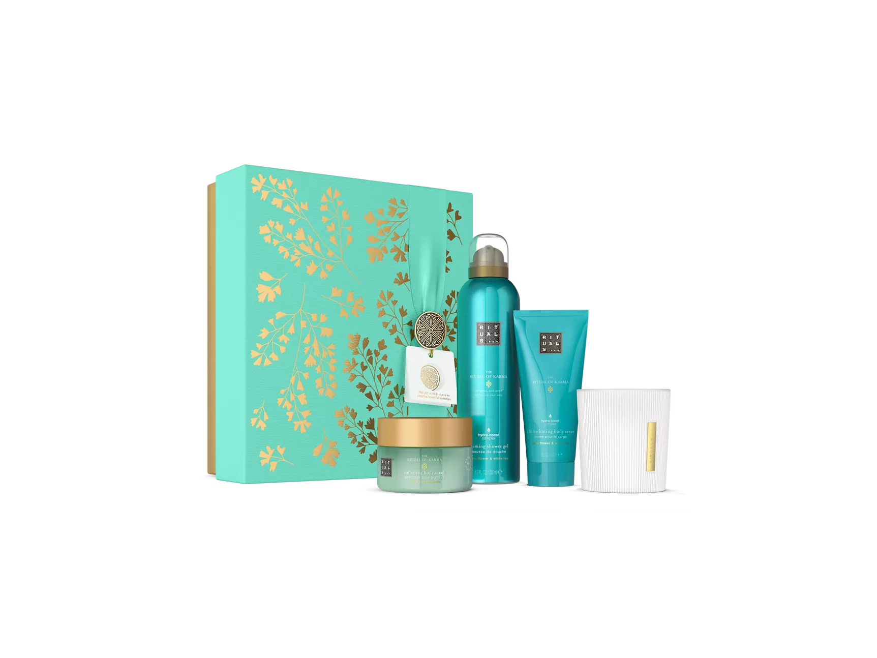 The Ritual of Karma Gift Set M schuimende douchegel 200 ml, bodycrème 100 ml, bodyscrub 125 g, cremas 140 gr