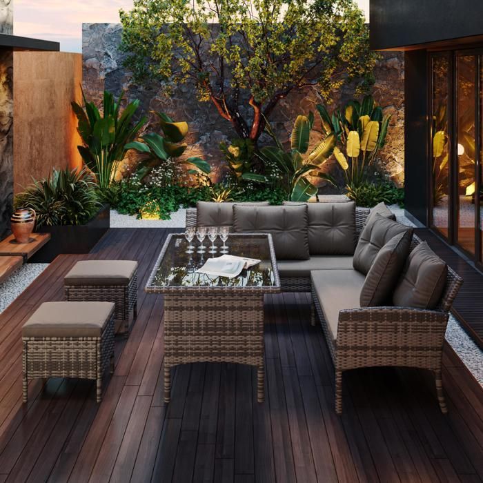 Conjunto de muebles de jardín de ratán sintético para 7 personas: 2 sofás, 2 taburetes y 1 mesa de centro. Estructura de acero. Color gris.
