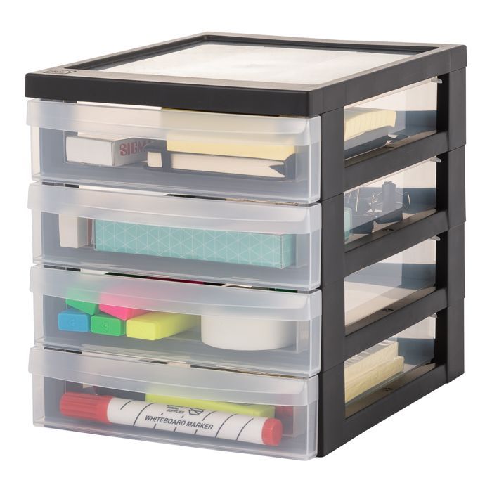 Iris Ohyama, Tour de rangement Plastique Bureau A5, 4 Petits Tiroirs,Noir, DC-A5