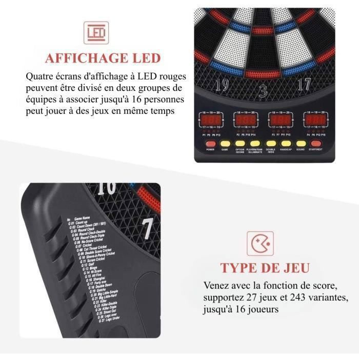 Bersaglio elettronico per freccette, display LCD con 27 giochi diversi + 243 varianti tra cui scegliere + 6 freccette per 16 giocatori