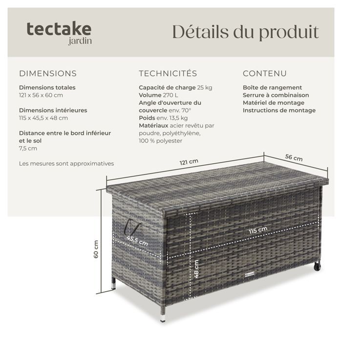Buitenopbergbox - TECTAKE - KIRUNA polyrattan tuinbox met handgrepen en 2 wielen, 121 x 56 x 60 cm, 270 L - Grijs