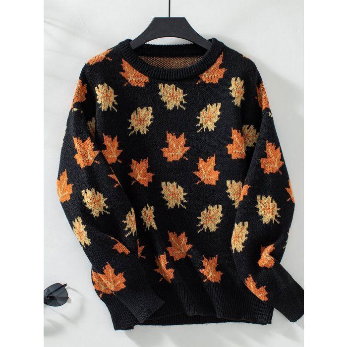 Pull Femme – Feuilles d’Érable Jacquard – Automne Hiver – Col Rond – Manches Longues-Noir