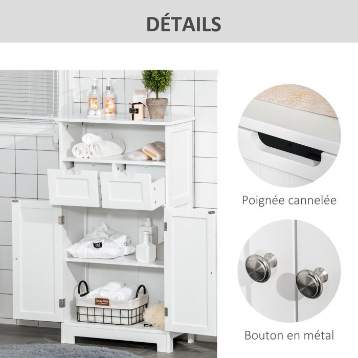 Meuble de salle de bain - kleankin - rangement 2 tiroirs niche placard porte étagère - bois - 60x30x109cm - blanc
