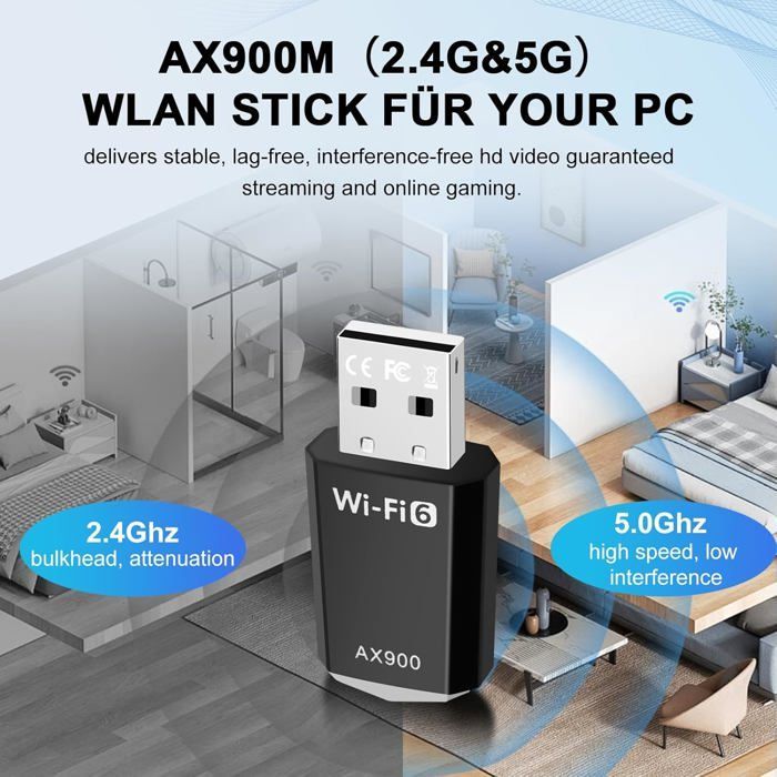 AX900 Dual-Band 2.4/5.8 GHz MU-MIMO WPA3 WiFi 6 USB-adapter voor pc — tot 900 Mbps