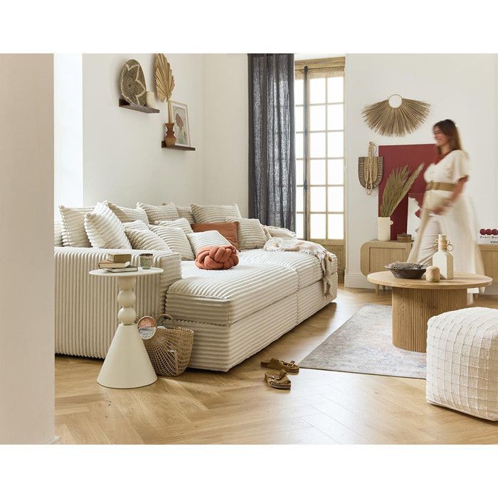 Collins - Sofá recto de 4 plazas con doble chaise longue - Asiento profundo - Pana de canalé ancho - Beige