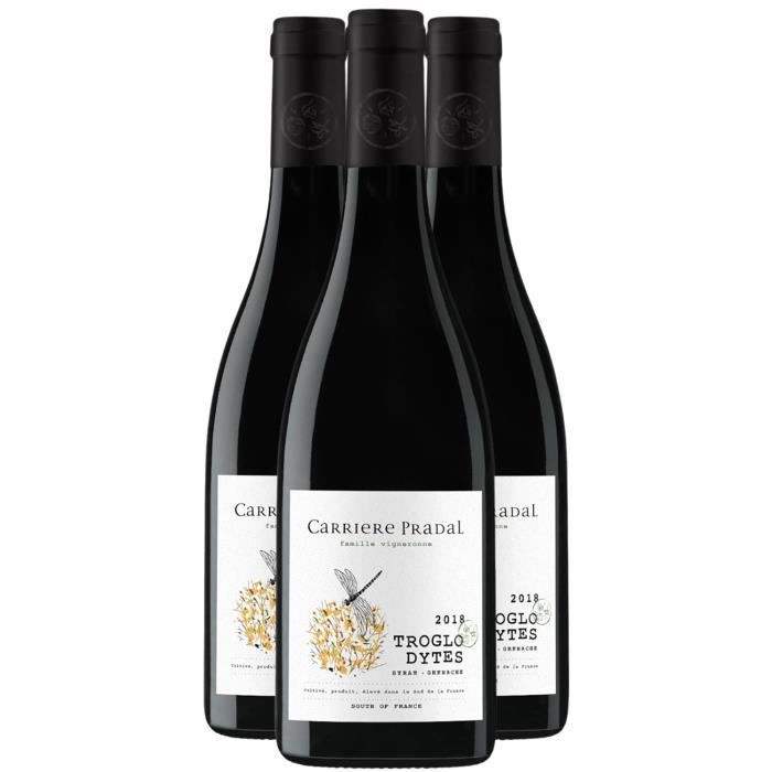 Pays d'Oc Troglo Dytes Rouge 2018 - Lot de 3x75cl - Carrière Pradal - Vin IGP Rouge du Languedoc - Roussillon - Cépages Syrah,