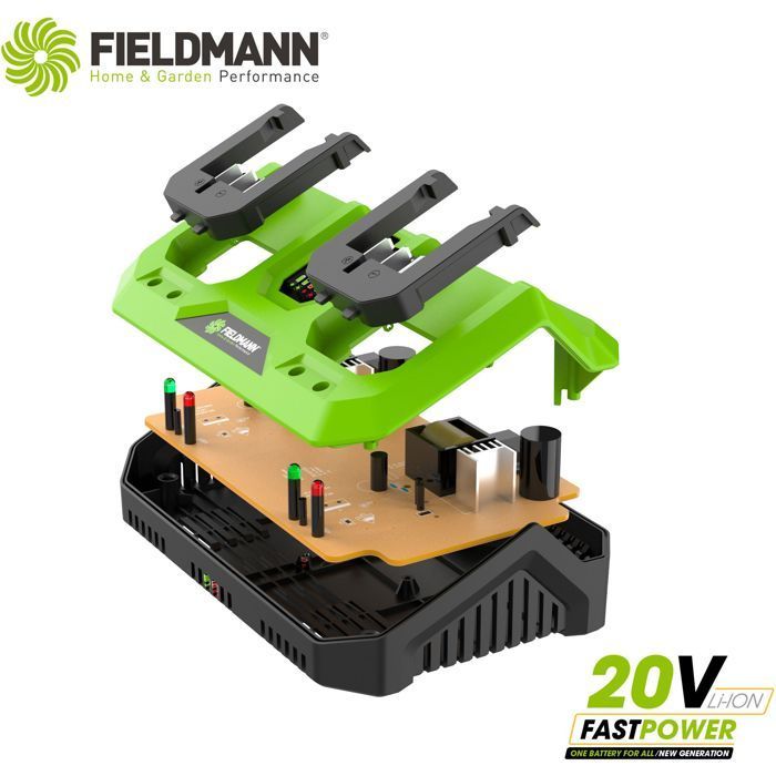 Carregador duplo - FIELDMANN - Para baterias de 20V - Carrega 2Ah em 60 min - Compatível com baterias de 2Ah e 4Ah
