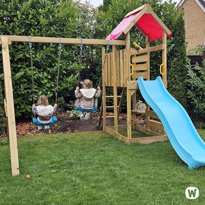 Zona de juegos de madera WICKEY VanillaFlyer con columpio doble, tobogán rosa pastel y mesa de picnic – 10 años de garantía*