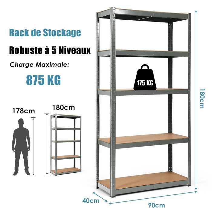 Mueble de almacenamiento multiusos COSTWAY, capacidad de carga de 875 kg, 5 estantes ajustables, estantería para garaje, taller, cocina o almacén, color gris.