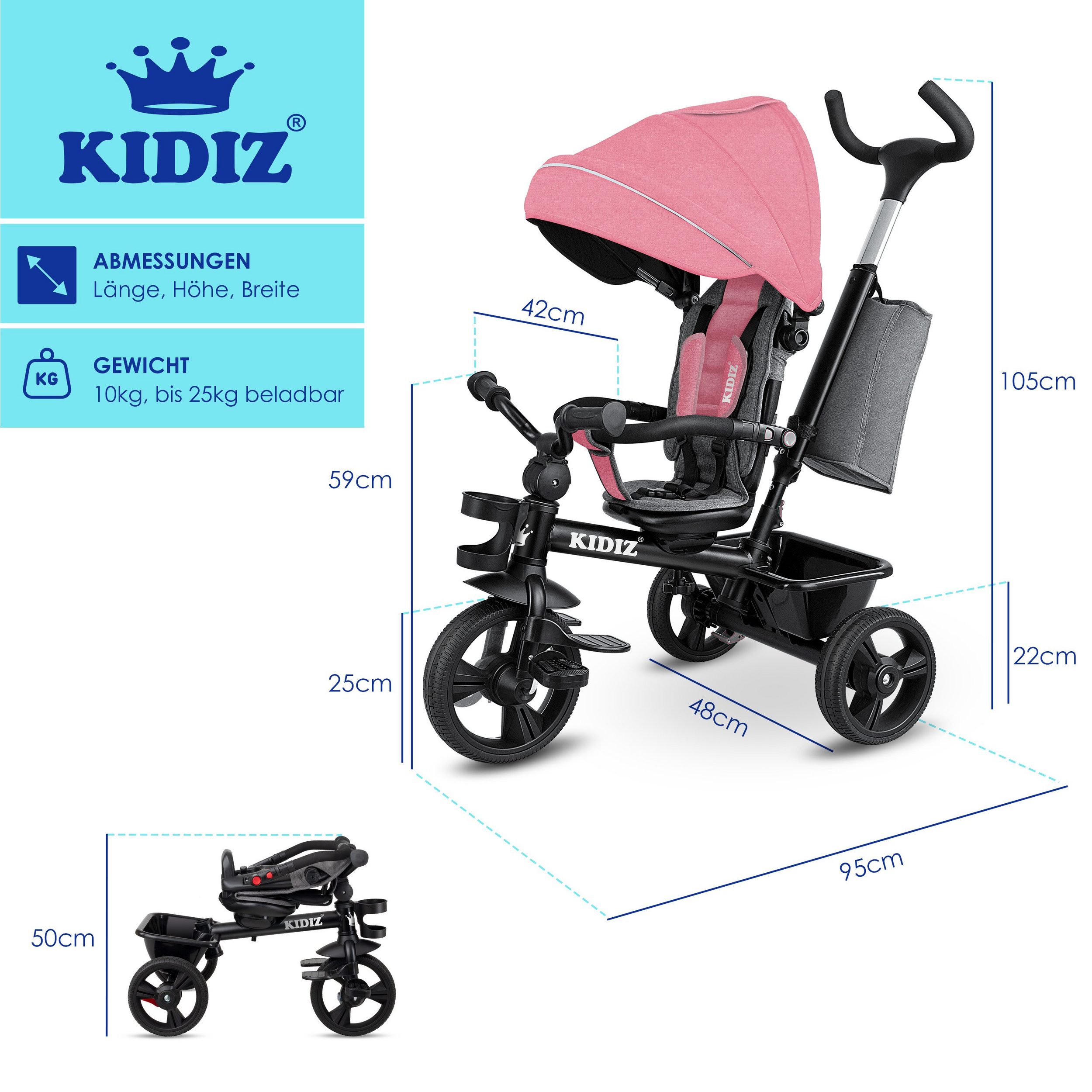 KIDIZ Driewieler, 5-in-1 kinderdriewieler met duwstang en stuursysteem