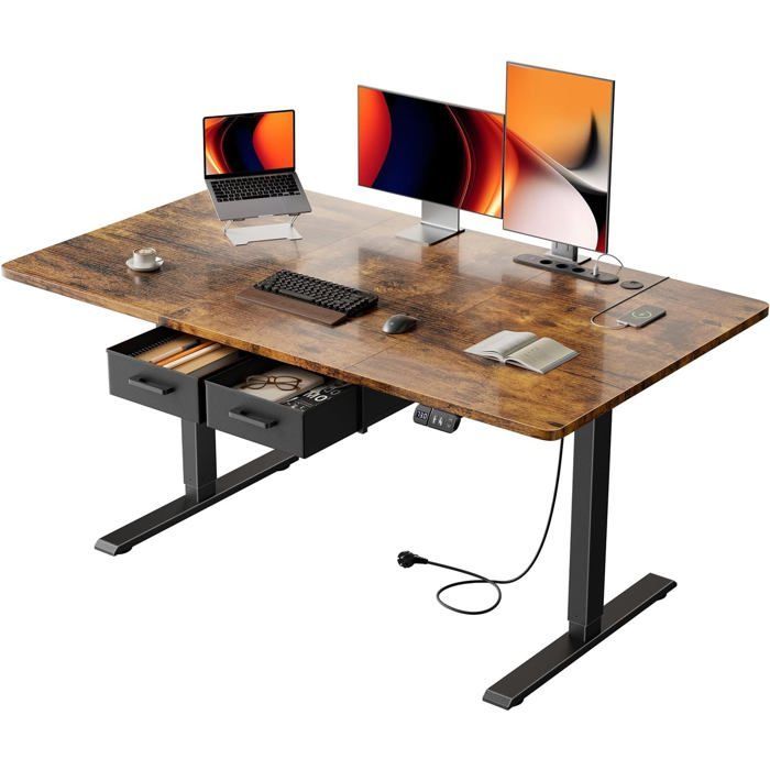 Mesa elétrica HLONONE para trabalhar sentado ou em pé, 140 x 80 cm, com tomada integrada, 2 gavetas removíveis, porta USB-C, marrom.