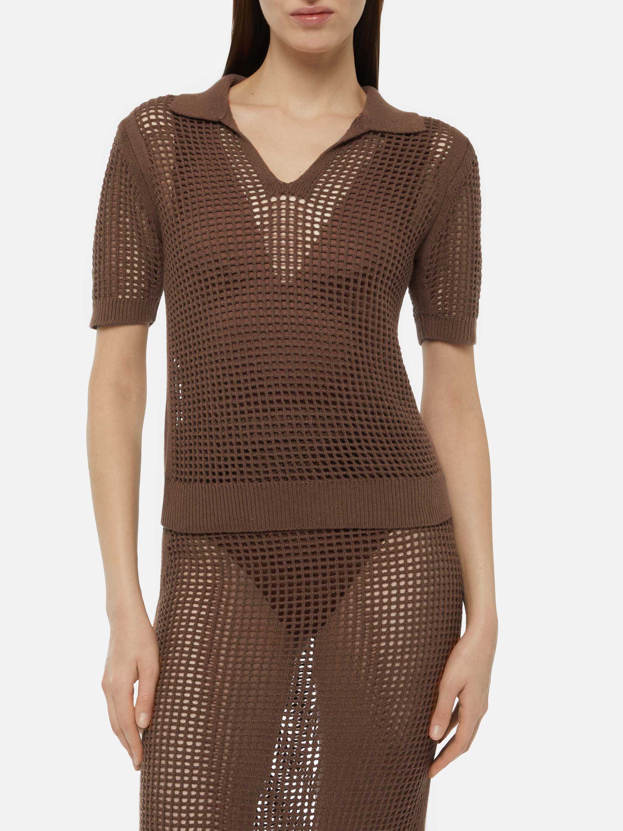 Flora bruine polo shirt met gehaakte mesh details
