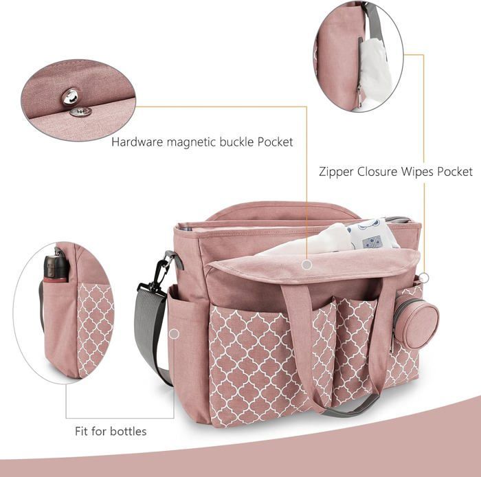 Bolso cambiador para bebé, 13 bolsillos, múltiples compartimentos de almacenamiento, bolso de maternidad, bolso cambiador de viaje con correa para el hombro (rosa)