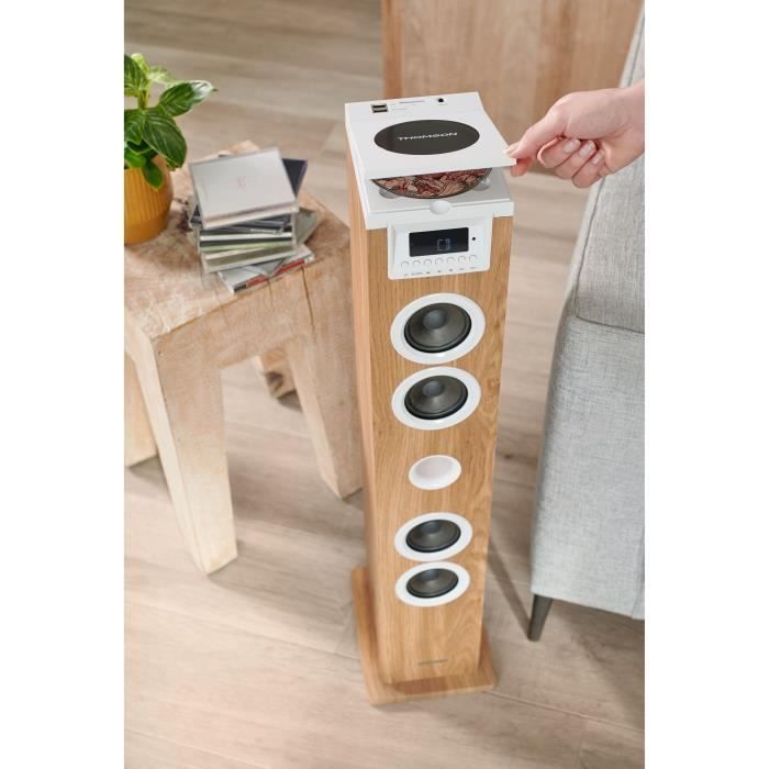Altavoz de torre - THOMSON - Bluetooth/CD/USB/SD - Blanco/Madera - 60W - Radio FM