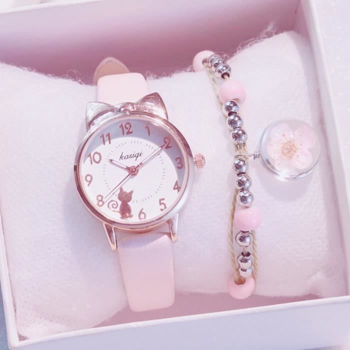 Conjunto de regalo de reloj y pulsera para niñas - Regalo infantil - Lindo gato, cuarzo resistente al agua, rosa